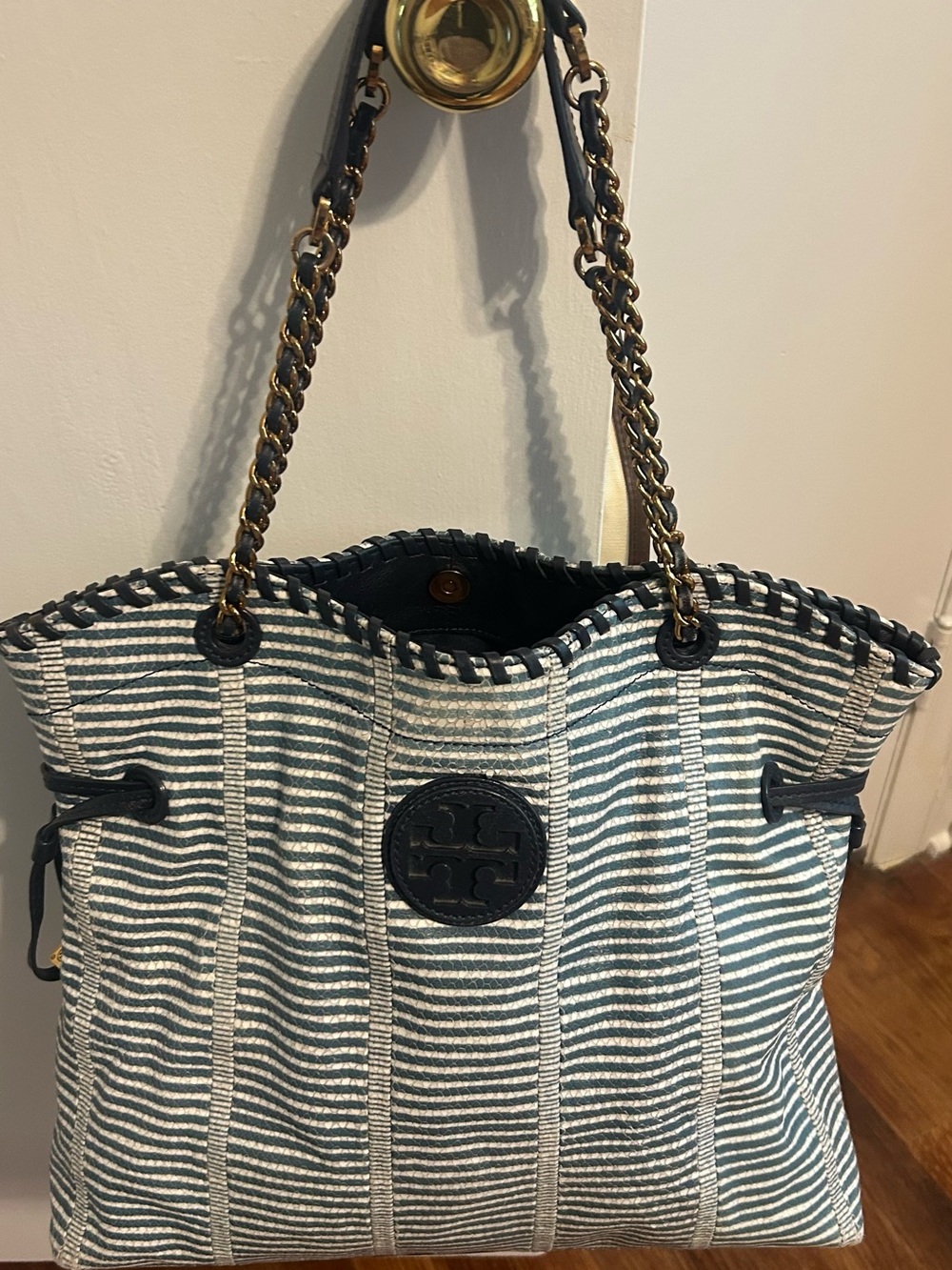 Tory Burch Marion Navy and White Striped Chain-Handle Tote